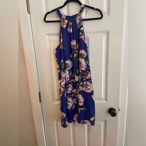 Blue Floral Halter Summer Dress